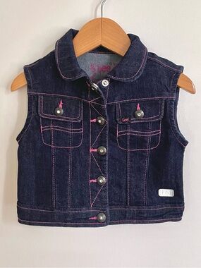 Vintage Y2K Lee Jeans Baby Girl Denim Vest, Rhinestone Buttons, Pink Stitching